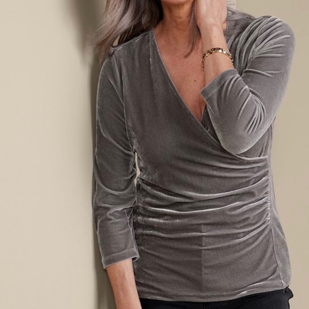*FIRM PRICE* Soft Surroundings Alyssa Velvet Crossover Ruched Top - Picture 2 of 11